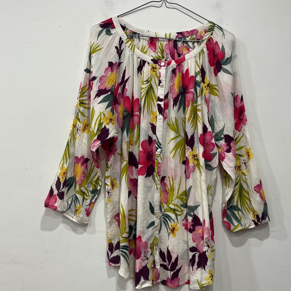 Chaps Ralph Lauren Button Down White Blouse Tropical Floral Print size L